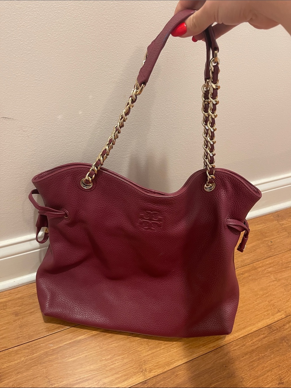 Tory Burch Maroon Pebbled Leather Tote with Gold Chain Handles